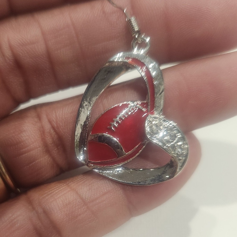 Heart Football Earrings Dangle Drop Silver‎ Tone Red Rhinestone Game Day